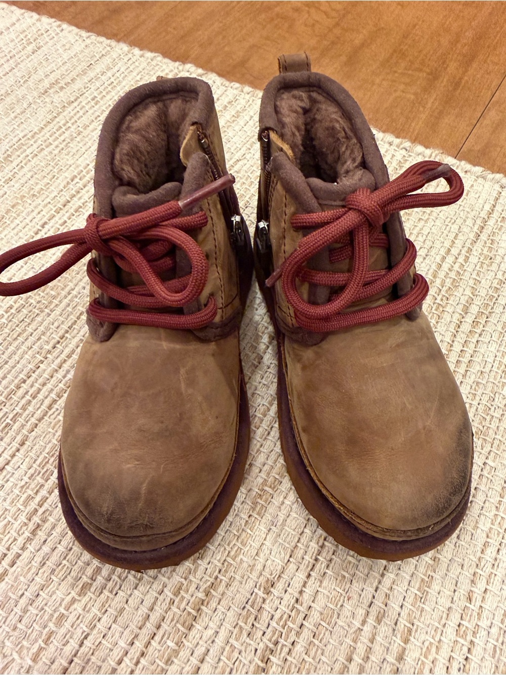 UGG Kids Brown Suede Lace-Up Boots with Red Laces